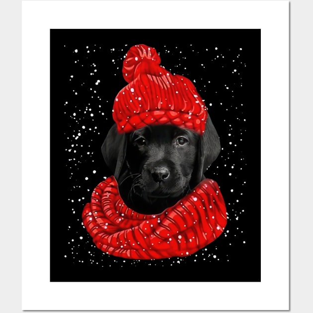 Black Labrador Wearing Red Hat And Scarf Christmas Wall Art by Brodrick Arlette Store